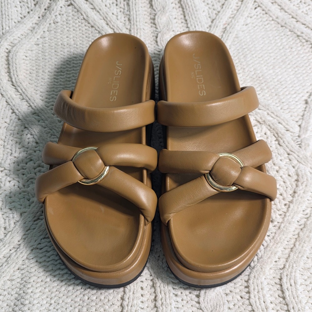 J/Slides Platform Slide Sandals Tan Padded Leather Gold Accent Women 8 Excellent